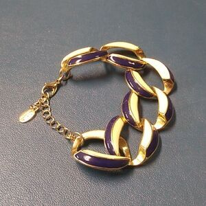 Vintage 346 Brooks Brothers Gold Tone Metal w/ Blue & White Links Bracelet